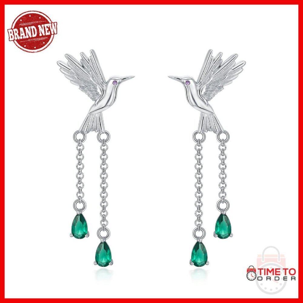 925 Sterling Silver Hummingbird Drop Dangle Earrings with Emerald Birthstones
